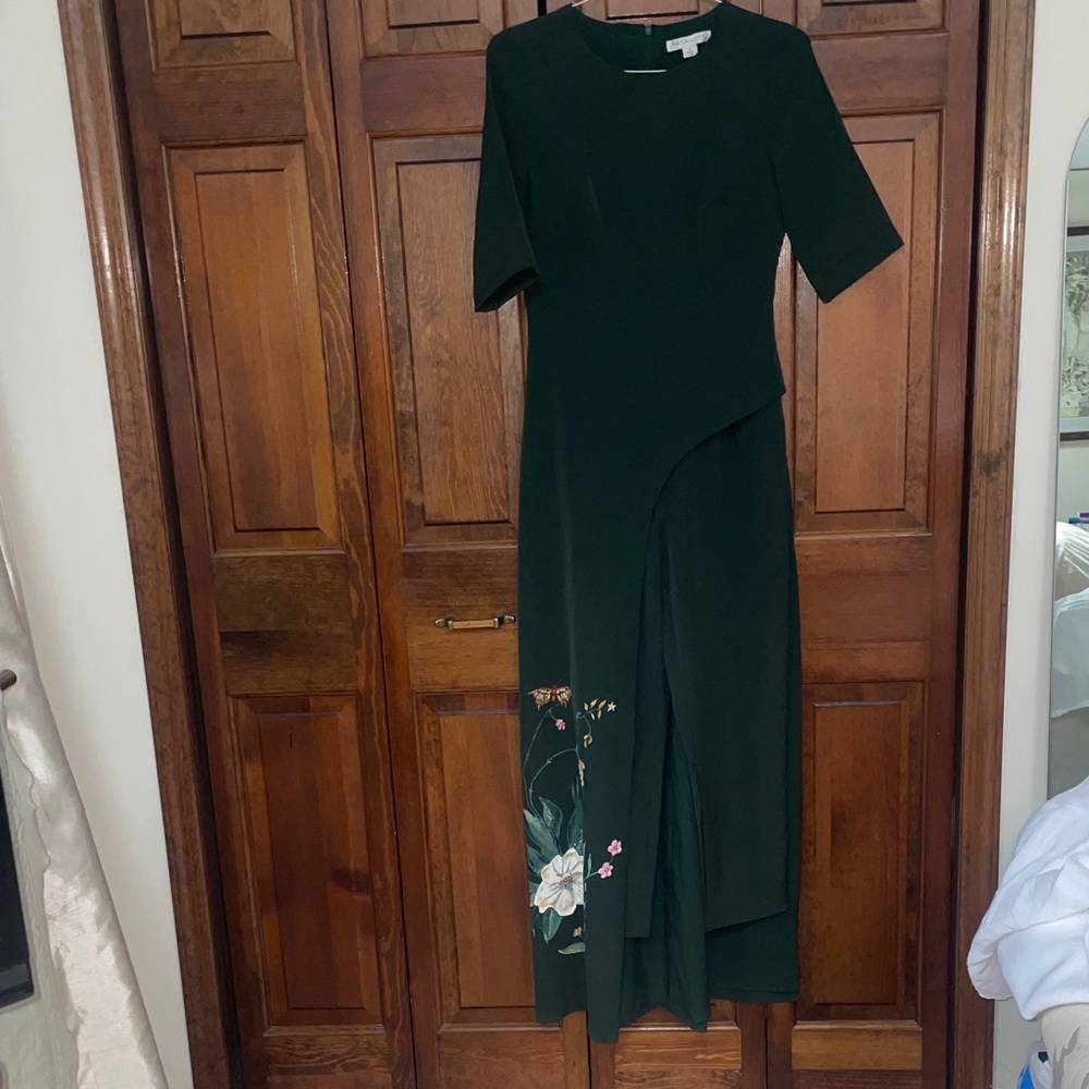 Hand painted  Kay Unger Deep Green Floral Overlay Midi Dress